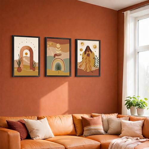 Image of NoWorries Boho Abstract Wall Art Framed Painting Set of 3 | Sun Moon Rainbow Woman Illustration Printswith Frame | Modern Aesthetic Bohemian Wall Decor Frames for Living Room, Bedroom and Office | Neutral Earth Tone Framed Artwork Ready to Hang (Art-4, 13x19inch, Wooden)