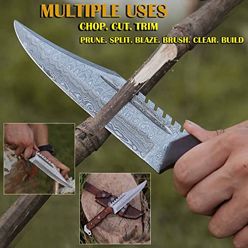 Handmade Damascus Bowie Knife For Hunting Skinning Outdoor Damascus Steel Survival Hunting Knife With Horizontal Carry Sheath 12 Inch Fixed Blade Damascus Hunting Belt Knife For Camping, Bushcraft Ergonomic Rose Wood Handle | Cool Knives For Men Tactical (Rose Wood) #TOP1