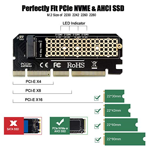 NVME Adapter PCIe x16 mit Kühlkörper, 6amLifestyle M.2 NVME oder AHCI SSD auf PCIE 3.0 | 4.0 Adapterkarte für Key M 2230, 2242, 2260, 2280 Größe M.2 SSD, unterstützt PCIe x4 x8 x16 Slot