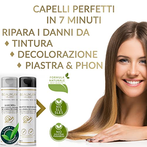 Seconda immagine Kit Repair Danni da Tintura e Decolorazione: Shampoo e Maschera 500+500 ML alla Bava di Lumaca + Cheratina Basso Peso Molecolare