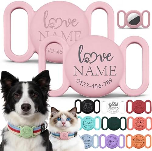 Personalized Dog Collar Case Compatible with AirTag with Engraved Name & Phone Number - Custom Pet ID Tag Holder Silicone Protective Cover for Active Dogs - Waterproof & Impact Resistant