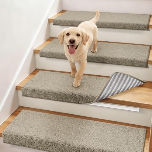 COSY HOMEER Bullnose Carpet Stair Treads, Peel and Stick Non-Slip Stair Treads for Wooden Steps, 11" x 30" Indoor Stair-Runner Rugs (4Pc, Beige) Beige 4pc