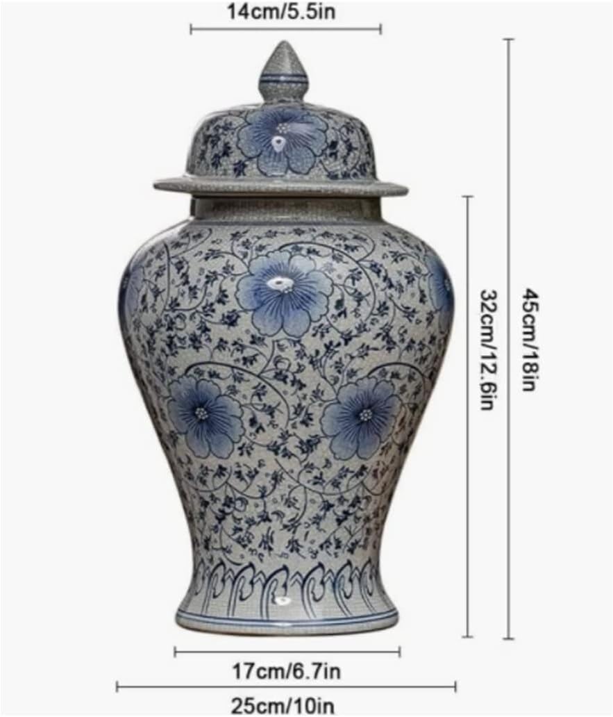 Food Storage Jar,Decorative Jar Ginger Jar Vase Decor Chinese Traditional Ceramic Ginger Jar with Lid Decorative Blue and White Porcelain Jars Temple Jar Ginger Jars Storag,A-25 * 45Cm