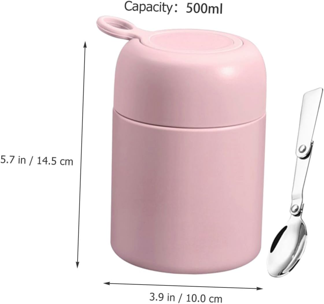 Insulated Thermal Food Jar 500ml with Foldable Spoon Leakproof Vacuum Soup Cup Portable Lunch Container for Students and Office Workers Pink