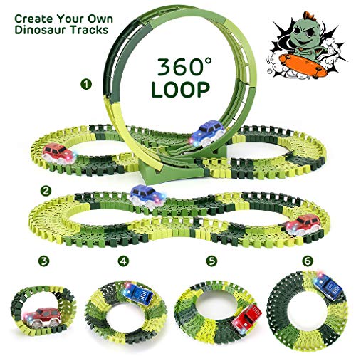Dinosaur Toys 222pcs Race Track Toy Set - Create A Dinosaur World Road Race, Flexible Track Playset with 2 Race Cars & 2 Dinosaurs, 360° Stunt Loop, Best Gifts for 3 4 5 6 7 8 Year Old Boys & Girls