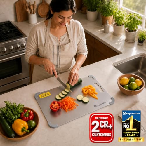 Image of Organizemee Stainless Steel Chopping Board Large 36 x 25 cm, Non Slip Cutting Board for Kitchen with Silicone Anti-Skid Corner Protectors, Rust Proof Steel Prep Board for Vegetables, Fruits & Meat