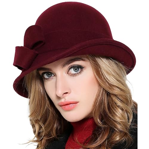 Himesport Wool Felt Vintage Winter Warm Hats For Women Bowknot Pillbox Cap Ladies Fascinator Kentucky Party Ceremony Church Fedoras Wine Red cover