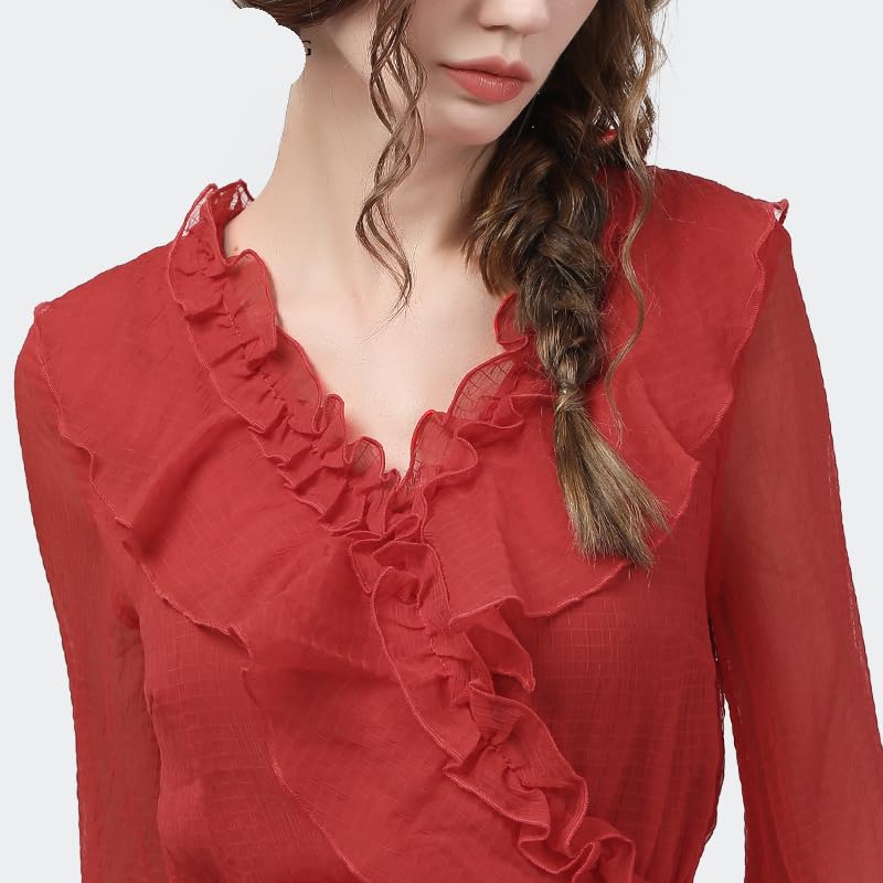 Blusas de Gasa Rojas de Manga Larga, Blusas elásticas de Cintura Alta con Volantes y Cuello en V con Mangas Acampanadas para Mujer, Blusas Ajustadas para Primavera y Verano (Rojo S)