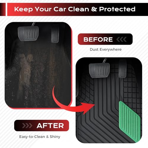 Image of Coverado Car Floor Mats Full Set - Heavy-Duty PVC Floor Mats with Green Metallic Heel Pad, All-Weather Protection for Front & Rear, Non-Slip Backing, Easy-Clean Interior Liners
