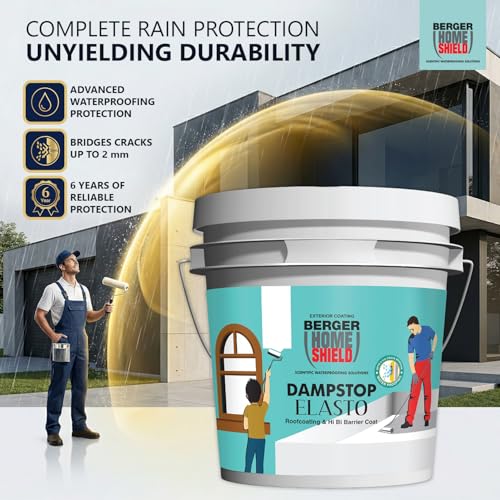 Image of BERGER HomeShield Dampstop Elasto Waterproofing Membrane Damp Proof Basecoat for Exterior Walls Self Priming Anti-Carbonation Solution (20L, White)