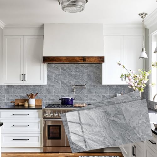 Abyssaly Credence Adhesive pour Cuisine Marbre Gris, Imperméable PVC Carrelage Adhesif Mural Salle de Bain, 12 Pieces Stickers Carrelage Cuisine pour Salle Mural 15 x...