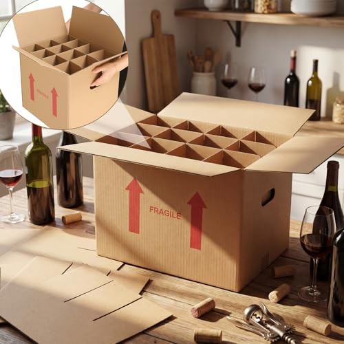 Image of Tatuo 5 Pack Wine Box for Moving, 12 Bottle, with Divider, 16 x 12 x 12 in | Liquor Shipping Packing Box Bulk, Corrugated Cardboard, Reinforced Bottom, Break Resistant, Heavy Duty, Cellar Storage