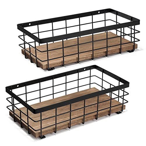 THYGIFTREE kleine Metallkorb, dekorative Holz Base Organizer für Bad, Küche, Korb für Toilettenpapier Lagerung, Zucker-Paket, Kaffeesirup, Gast Handtuch, Serviette (2-Pack Holzfarbe)