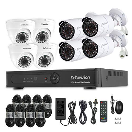 Evtevision 8CH 1080P PoE NVR Kit de Seguridad(4X Cámaras en Domo+4X Cámaras Bala IP de Seguridad),H.265 Onvif,IP66 Impermeable, visión Nocturna y personalización de detección de Movimiento-sin HDD