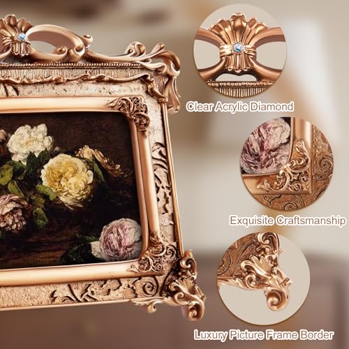 Image of 5x7 Gold Picture Frame Baroque, Victorian Vintage Ornate Design, Glass Front, Tabletop & Wall Display, Horizontal Orientation, Bronze