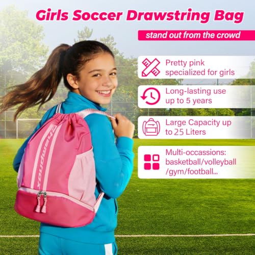 Image of Soccer Bag, Youth Drawstring Backpack for Volleyball Basketball Sports | with 1 Shoes Compartment 1 Wet&Dry Pocket 2 Side Mesh Pockets 2 Zipper Pockets Bag for Gym Training Swimming Back to School