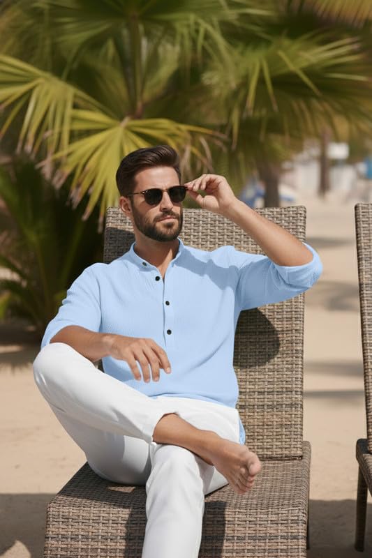 Image of Men's Cotton Blend Short Kurta with Collared Neck Full Sleeves Solid Pattern Western Style Regular Fit and Standard Length
