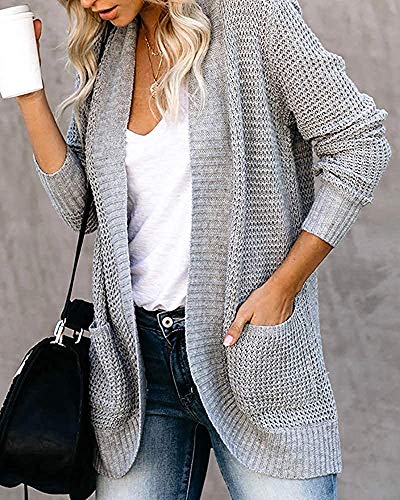 Xpreen Womens Long Sleeve Open Front Cardigan Casual Lightweight Waffle Knit Sweaters Outerwear with Pockets Grey