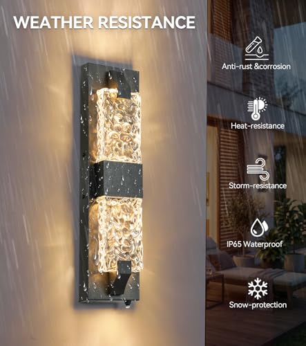 Image of Outdoor Wall Light, 12W 18.5 inch Dusk to Dawn Porch Lights, 2 Pack Black | IP65 Waterproof, Crystal Ripple Design, Oversize Modern Exterior Sconce, Hardwired,Auto On /Off,for House Garage Entryway