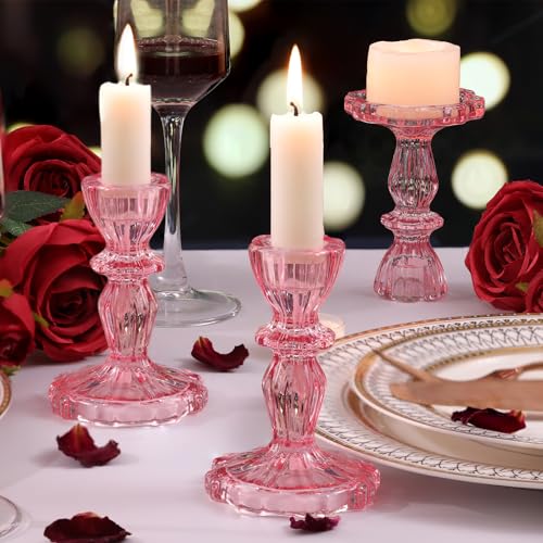 Simeitol 12pcs Taper Candle Holders, Candlestick Holders, Glass Candle Holder - Vintage Flower Design Candle Holders for Wedding, Baby Shower & Mother's Day Decorations (Pink) by simeitol - Image 4