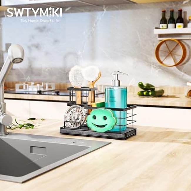SWTYMIKI Kitchen Sink Caddy Organizer, Quick Dry Smiley Face Sponge Holder with Instant Drying Stone, Large Rustproof Sink Organizer for Kitchen Countertop Organization, Black