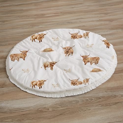 Image of Sweet Jojo Designs Baby Play Mat (Boho Highland Cow) for Girls /Boys, Infant, Toddler Padded Floor Mat, Tummy Time Activity, Newborn Essentials Round Playmat for Babies (Farm Animal, Rustic Farmhouse)