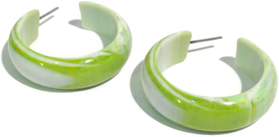 Lime Green Hoop Earrings | vintage lucite marbled agate simple hoop earrings - SIM-GR-7