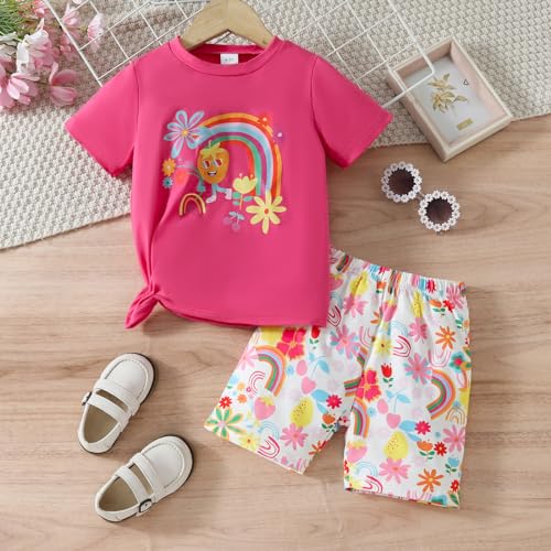 Image of Ayzozuy Kid Girl Clothes Shorts Set 2 Piece Outfits Summer Casual Short Sleeve Top and Shorts Set for Girls 4-7