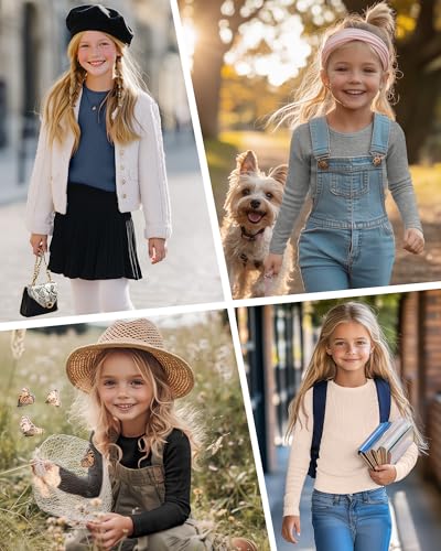 Image of 4 Pack Girls Long Sleeve Shirts Ribbed Knit Cotton Crewneck Tops Slim Fit Soft Casual Kids Base Layer Undershirts