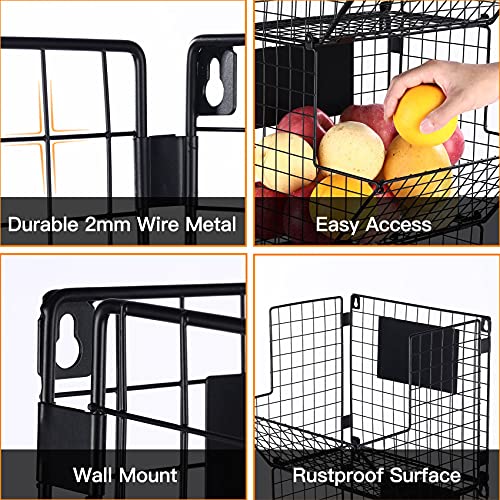 Metal Wire Basket Wall Mount,3-Tier Hanging Basket Fruit Organizer With Removable Hooks Chalkboards, Rustic Fruit Vegetable Storage Bins For Kitchen Counter, Garage Or Bathroom(Black) #TOP4