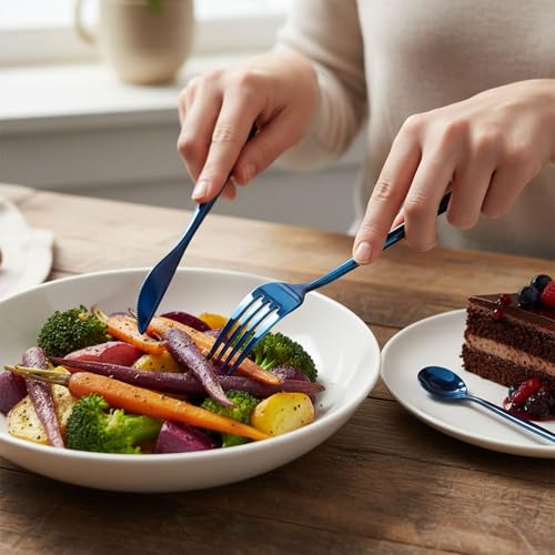 Image of 24 Pcs Blue Slim Handle Stainless Steel Cutlery Set for Dining Table with Spoons and Forks Set + Butterknives - The Perfect Tableware /Flatware