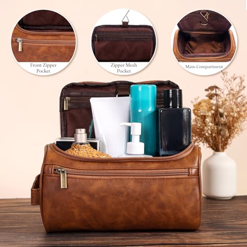 Seozata Toiletry Bag for Men, Hanging Travel Shaving Dopp Kit for Men and Women, Water-resistant Toiletries Organizer Bags, PU Leather Cosmetic Bags for Makeup Accessories (Light Brown) - Thumbnail 4
