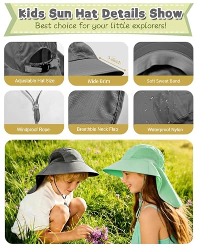 Image of Rosoz Kids Sun Hat with Neck Flap UV Protection Summer Toddler Beach Hat Unisex Ponytail Hat Wide Brim Fishing Hat