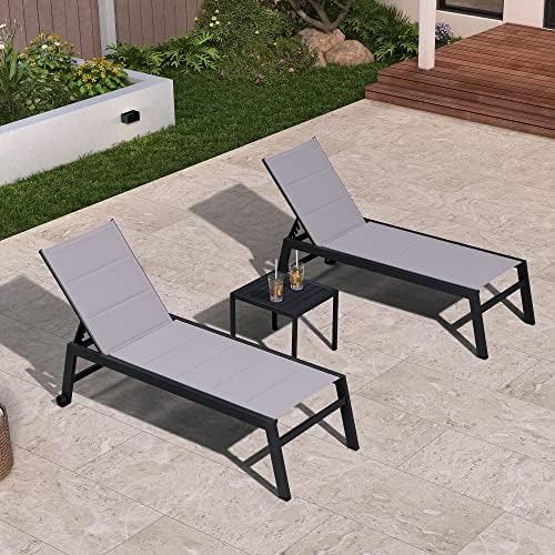 PURPLE LEAF Outdoor Chaise Lounge 2 Pieces Aluminum Patio Lounge Chair with Side Table and Wheels All Weather Outdoor Reclining Chair for Patio Pool Beach Sunbathing Chair, Light Grey