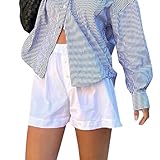 LouVasabuce Women's Plaid Striped Shorts Pajama Elastic High Waist Wide Leg Summer Button Beach Nightclub Lounge Shorts (B# White, S), Small