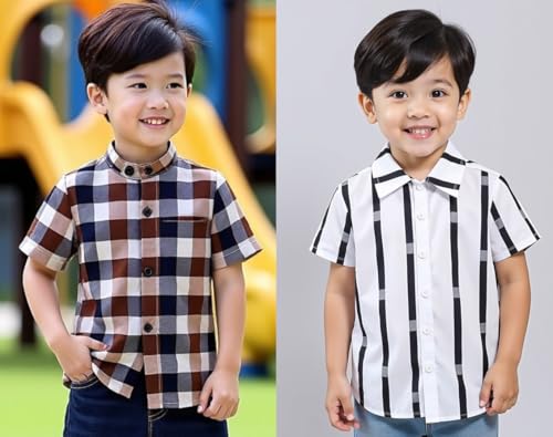 Image of Boys Short Sleeve Button Down Shirts, Plaid and Striped Pattern, Cotton Casual Tops, Pack of 2