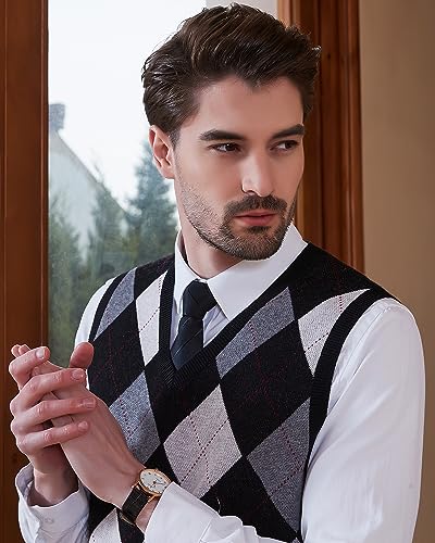 Kallspin Men's Argyle Vest Sweater Wool Blend V-Neck Sleeveless Pullover Sweater4