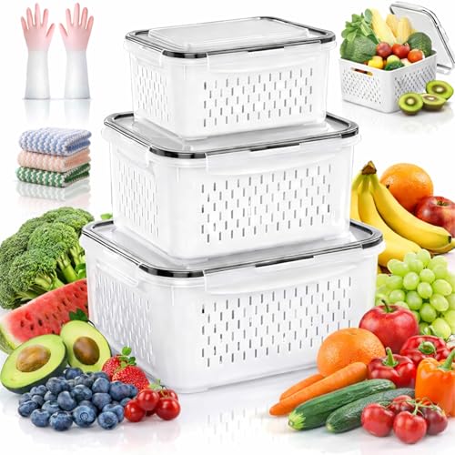 Blyhix 4 In 1 Food Storage Container, Premium Transparent Plastic Food Storage Box With Drain Basket, Multifunctional Fruit Storage Containers for Fridge Stainers Fruits, Vegetables Keeper (Grey,S+M)