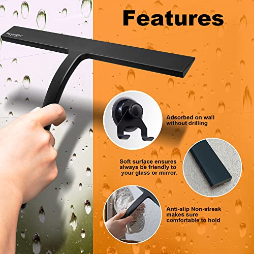 Image of Shower Squeegee for Glass Doors 10 inch - All Purpose Squeegee for Window Bathroom Glass Mirror Bathroom Tile with Suction Cup Hooks - (Black)