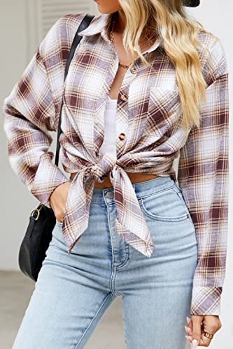 Image of CHYRII Womens Button Down Flannel Shirts Long Sleeve Plaid Shackets Business Casual Blouse Top