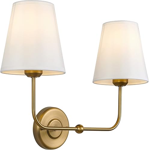 Miniatura 3 de TERLEENART Aplique de pared de doble luz con cortinas cónicas de tela blanca, aplique de latón antiguo de 2 luces para baño, tocador, pasillo,