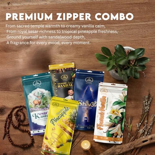 Image of Twohands Agarbatti Combo Pack 5x100g - French Vanilla, Hawaiian Pineapple, Kesar Kasturi, Mysore Sandal & Shivom Temple Divine | Premium Masala Incense Sticks | for Puja, Meditation & Home Fragrance