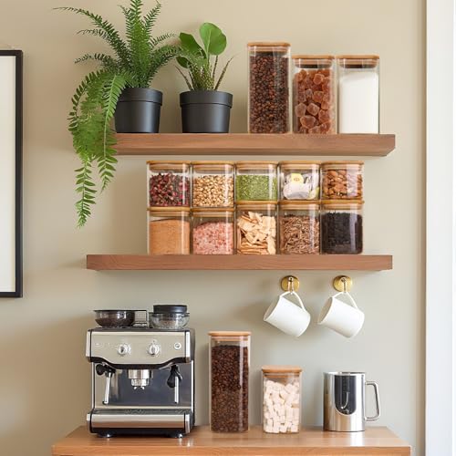 ComSaf 1.4 Qt Glass Storage Containers with Lids, Glass Jars with Lids, Clear Food Storage Jar, Square Canister Set of 3, Pantry Organizers and Storage for Flour Oat Pasta Tea Cookie Coffee Bean