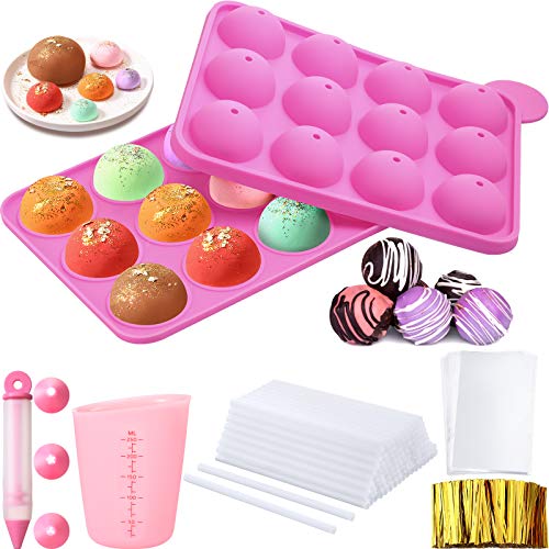Lollipop Cake Maker Set, Silicone Lollipop Mold with Lollipop Sticks, Measuring Cup, Decorating Pen with 4 Piping Tips, Treat Bag, Golden Twist Tie for Lollipop Chocolate (12-Hole/ 6.9 x 5.3 x 1.6 in)