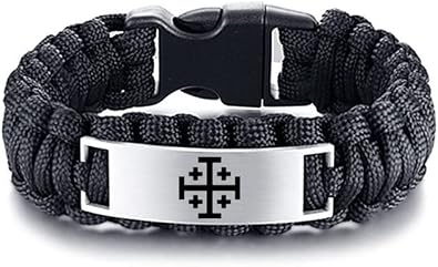 Mens Holy Jerusalem Crusaders Cross Amulets Handmade Paracord Cuff Bracelet Bangle, 5 Crosses Catholic Greek Christian Symbol of Faith Wristband Jerusalem Jewelry Gifts, 9 inch