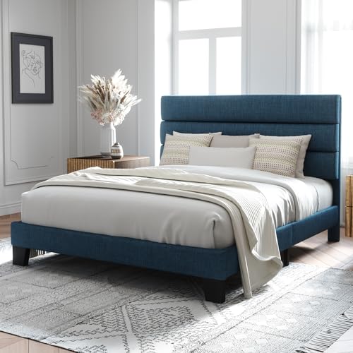 Allewie Queen Size Platform Bed Frame with Fabric Upholstered Headboard and Wooden Slats Support, Fully Upholstered Mattress Foundation/No Box Spring Needed/Easy Assembly, Navy Blue