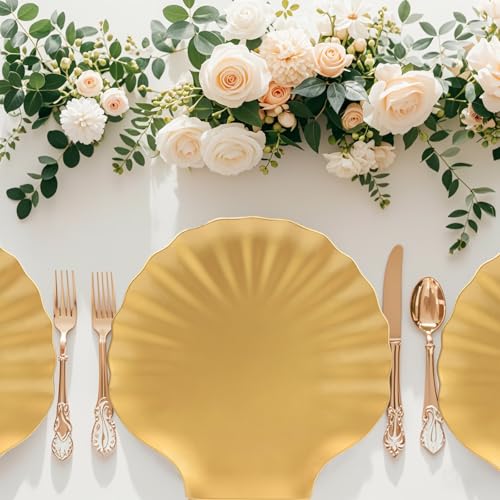 Spsyrine Gold Charger Plates, 13" Set of 6 Scalloped Seashell Plastic Table Chargers for Dinner Plates, Wedding, Thanksgiving Christmas Events, Party, Tabletop Decor. by Spsyrine - Used condition - Image 2