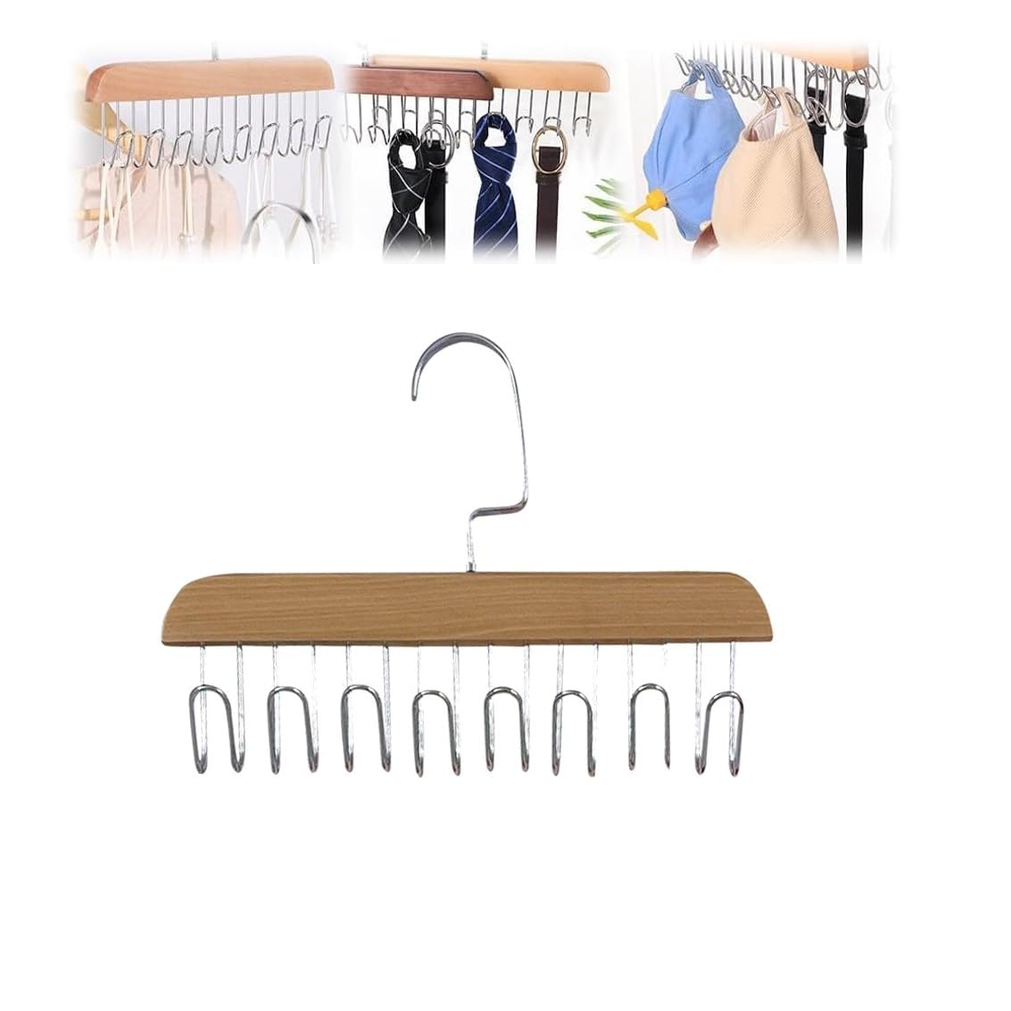Yelschwa Natural Non Slip Coat Rack With 8 Hooks Belt Hanger For Closet Tank Top Bra Hanger Tie Hanger Belt Organizer Closet Accessories Multifunctional Hooks Belt Rack Sturdy Wood (Natural)