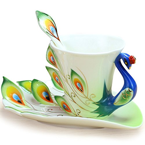 DUSIEC Collectable Fine Arts China Porcelain Tea Cup and Saucer Coffee Cup Peacock Theme Romantic Creative Present (Green)