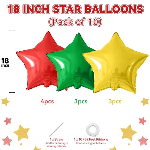 Red Green Gold Star Foil Balloons, 10PCS Xmas Foil Stars Shape Balloon, 18 Inch Large Metallic Stars Balloons Helium Pentagram Balloon for Birthday, Christmas, New Year, Baby Shower Party Decoration - Image 4